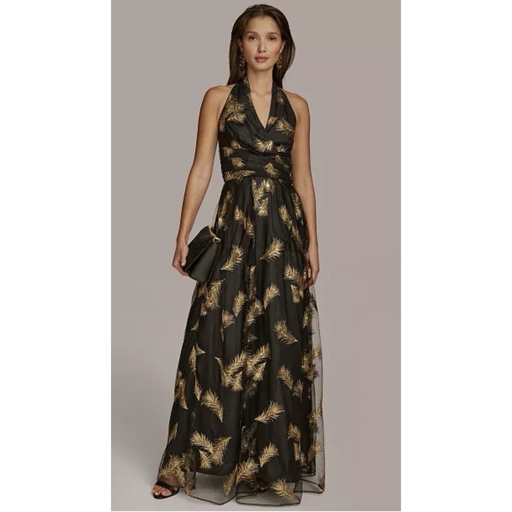 Donna Karan Women's Halter-Neck Embellished Gown Tulle Size 16 Black‎ Gold